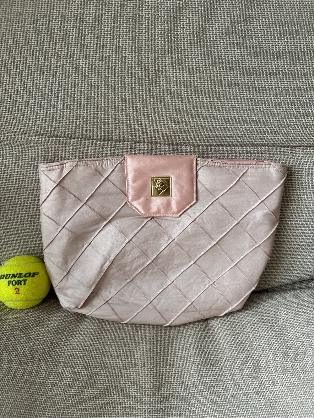 Lancome Quilted Satin Cosmetic Pouch in Pale Pink with Gold Accent